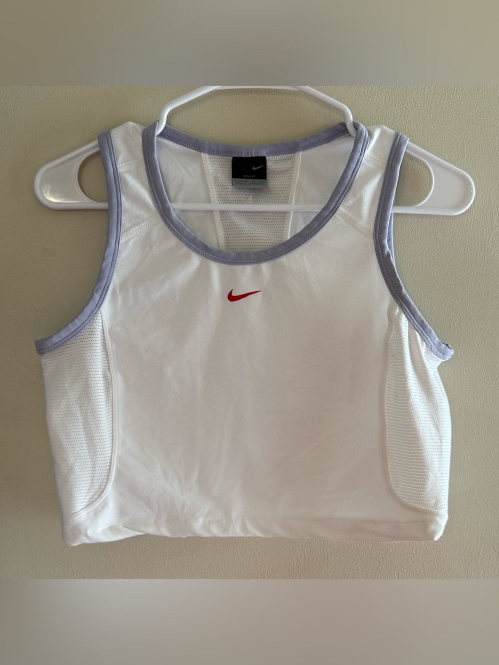 Nike White Crop Tank with Lavender Trim and Red Swoosh